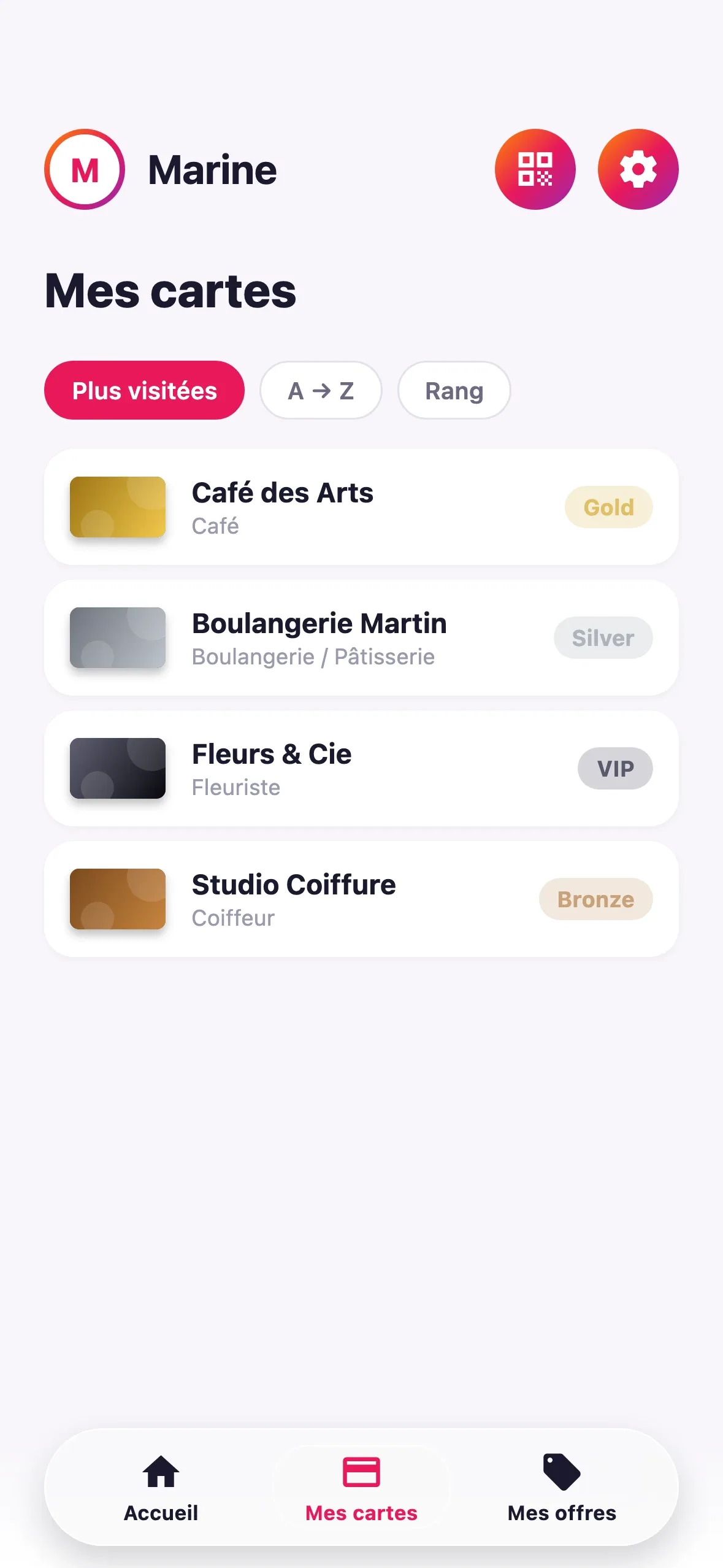Onglet « Mes cartes » de l'app Fidelly
