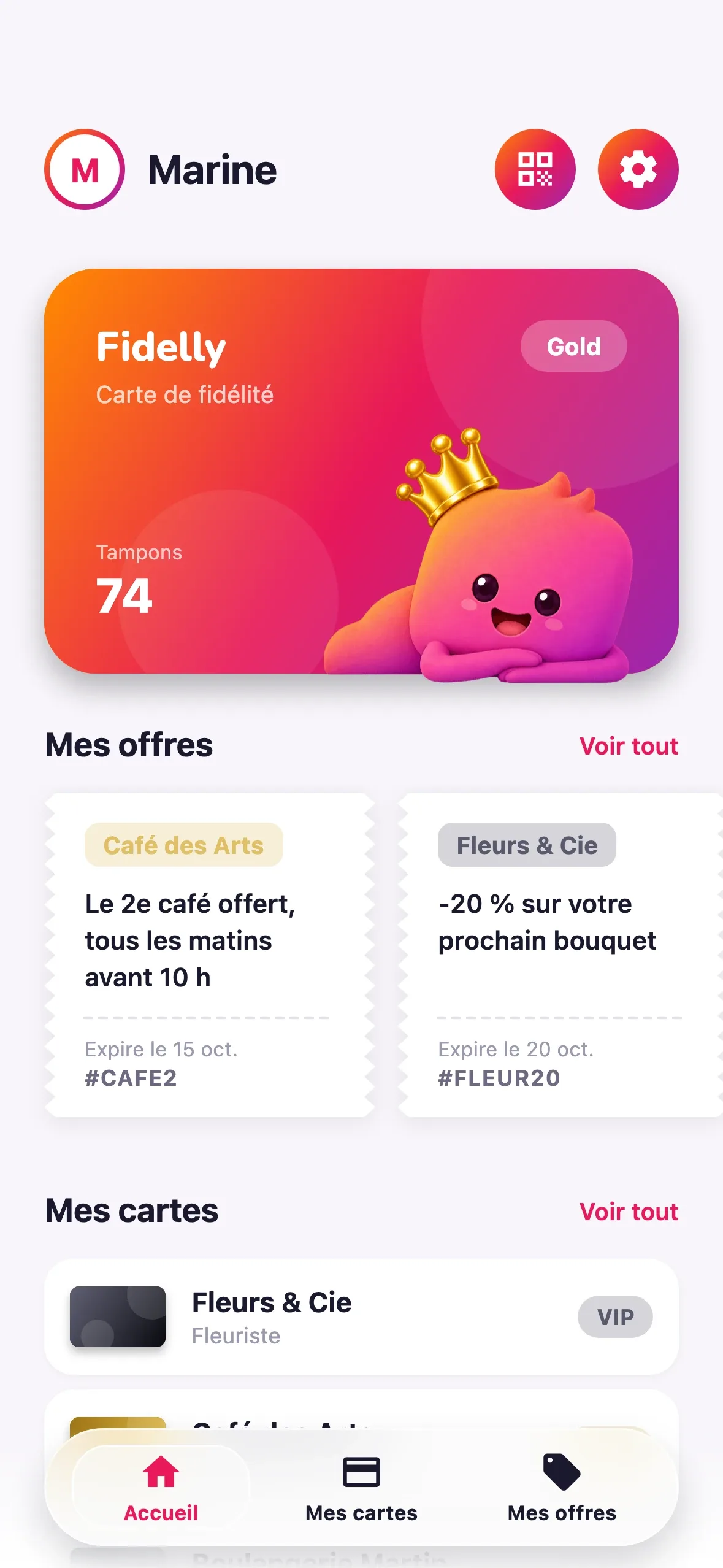 Accueil de l'app Fidelly : la carte Fidelly, les offres et les cartes de l'utilisateur
