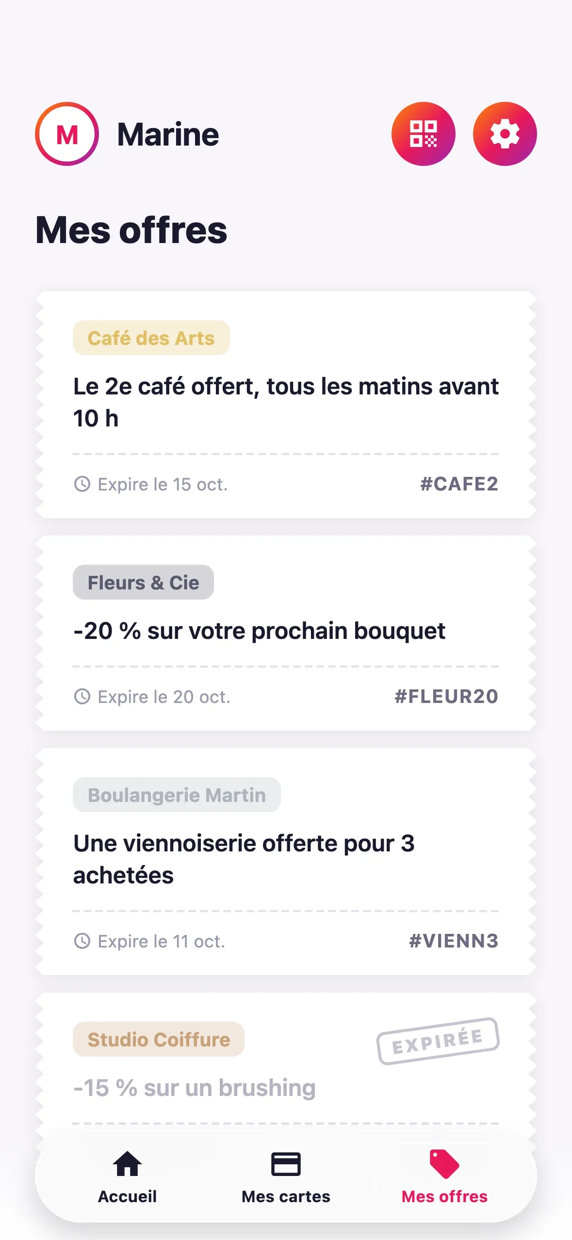 Onglet « Mes offres » de l'app Fidelly, avec des offres en forme de tickets