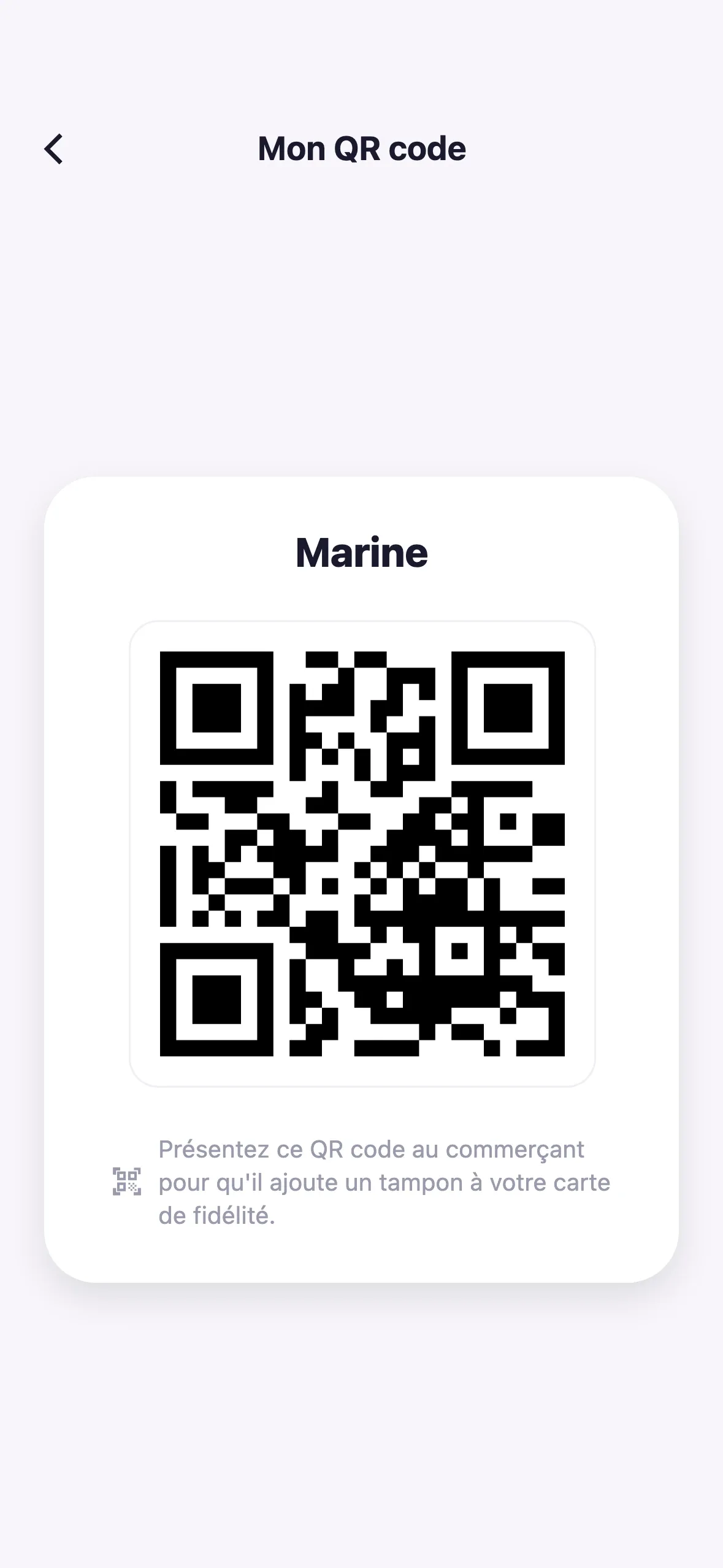 Écran « Mon QR code » de l'app Fidelly