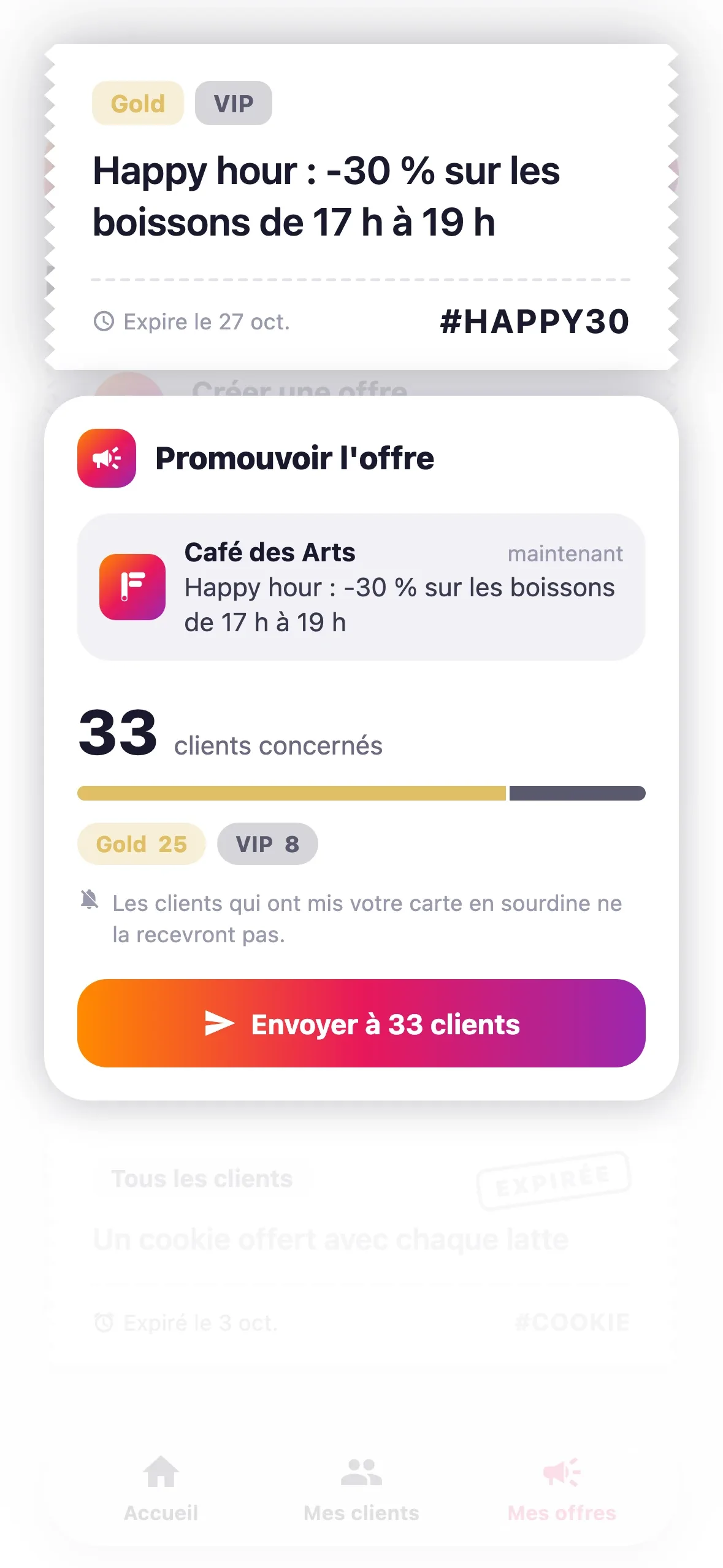 Promotion d'une offre : aperçu de la notification et clients concernés